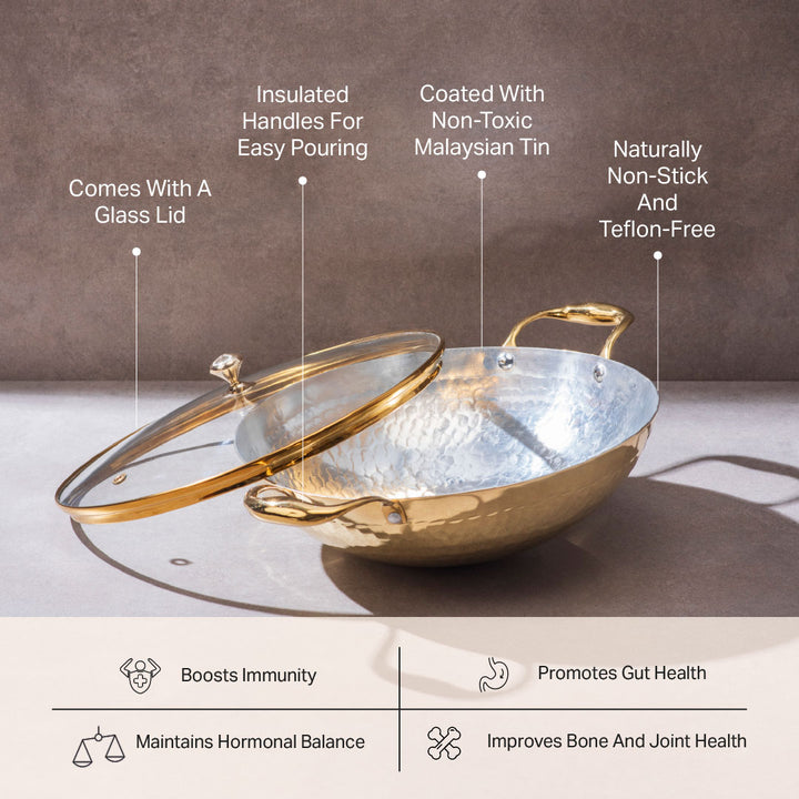 Brass Wok with Glass lid (Circular & Deep cooking/ serving Utensil)