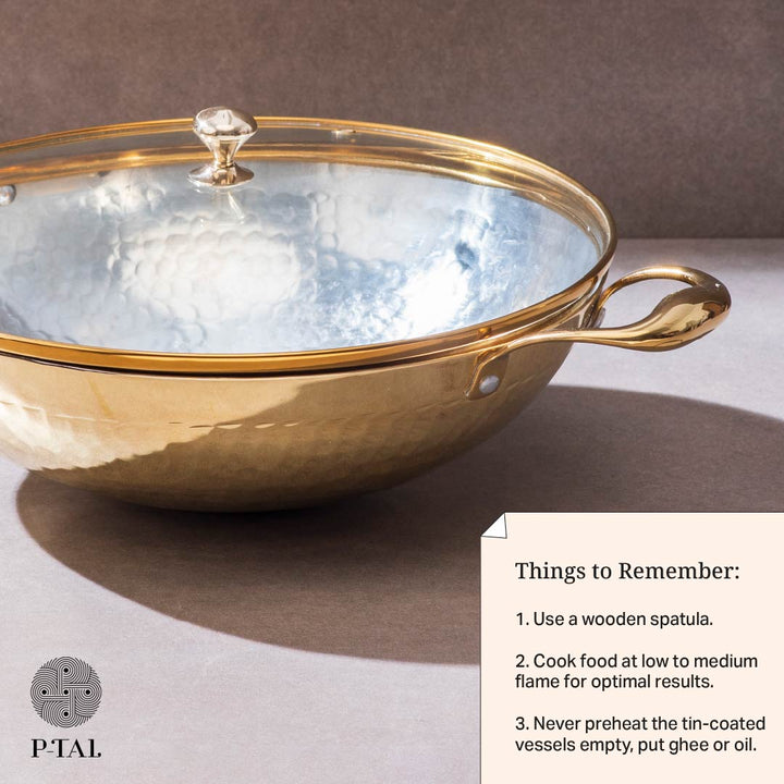 Brass Wok with Glass lid (Circular & Deep cooking/ serving Utensil)