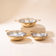 Set of 3 Brass Woks with Glass lids/Kadhai (Circular & Deep cooking/ serving Utensil) - 1L round, 3L round and 3L flat 6 Pieces Set